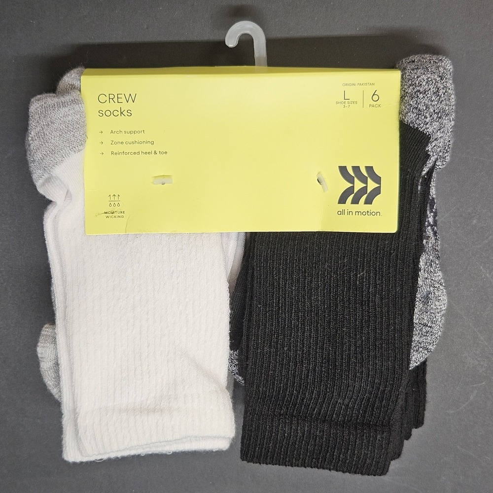 All in Motion Crew Socks 6‎ Pack L 3-7 Arch Support Moisture Wicking White Black